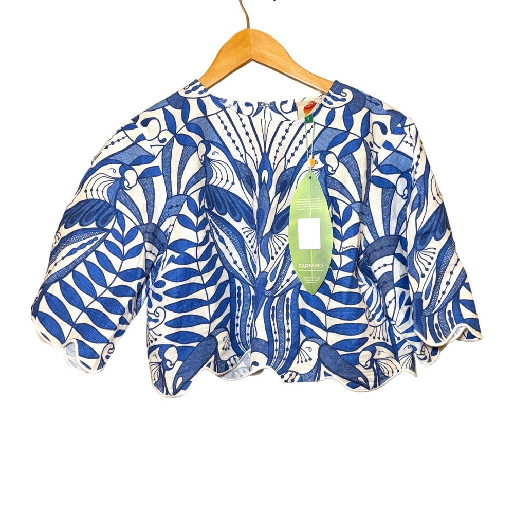 Farm Rio Lace Nature Blouse Blue Scalloped Linen Crop Top S NWT - Picture 2 of 16